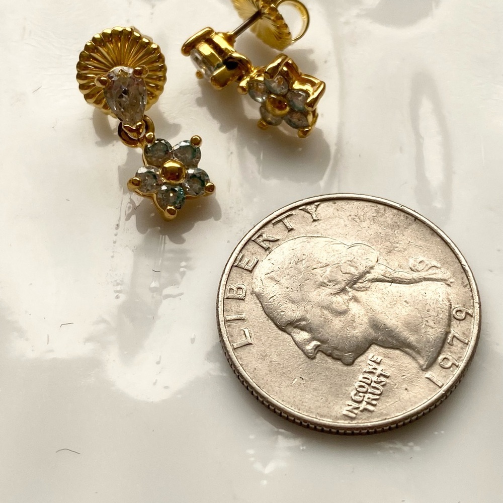 Gold and CZ Floral Earrings with New Backs on post - Picture 3 of 3